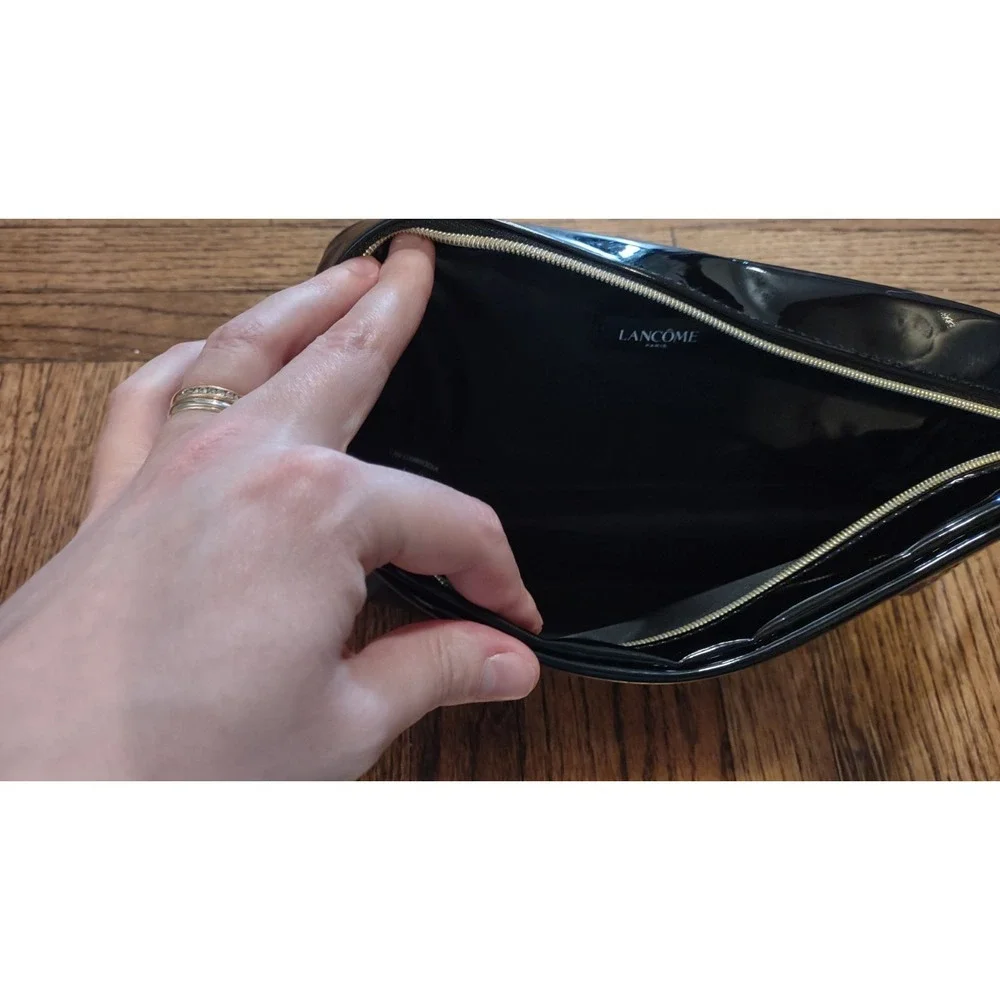 Lancome Black Faux Leather Makeup Bag Rose Design Toiletry Pouch Travel Case